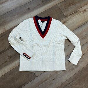 NWT - Talbots Ivory Cable Knit V-Neck Sweater Red Blue Trim MP